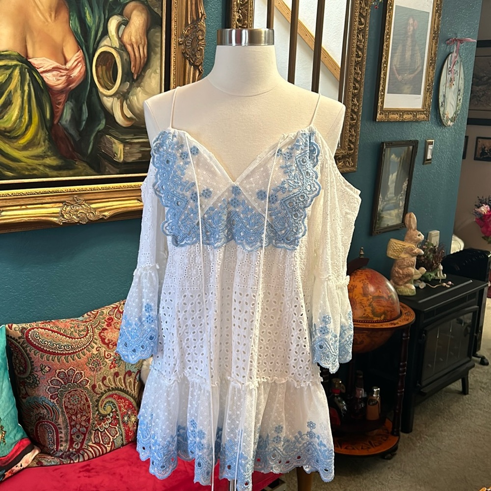 Miss June-France White & Blue Cotton Eyelet & Lace Coverup - Small